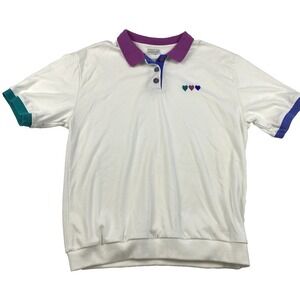 Vintage Jantzen Polo Shirt Womens Size Large USA Retro Heart Colorful Detail 90s